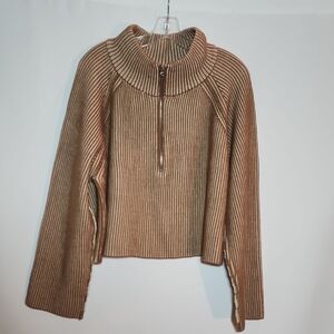 ZENANA Two Tone Ribbed Half Zip  Sweater Deep Camel